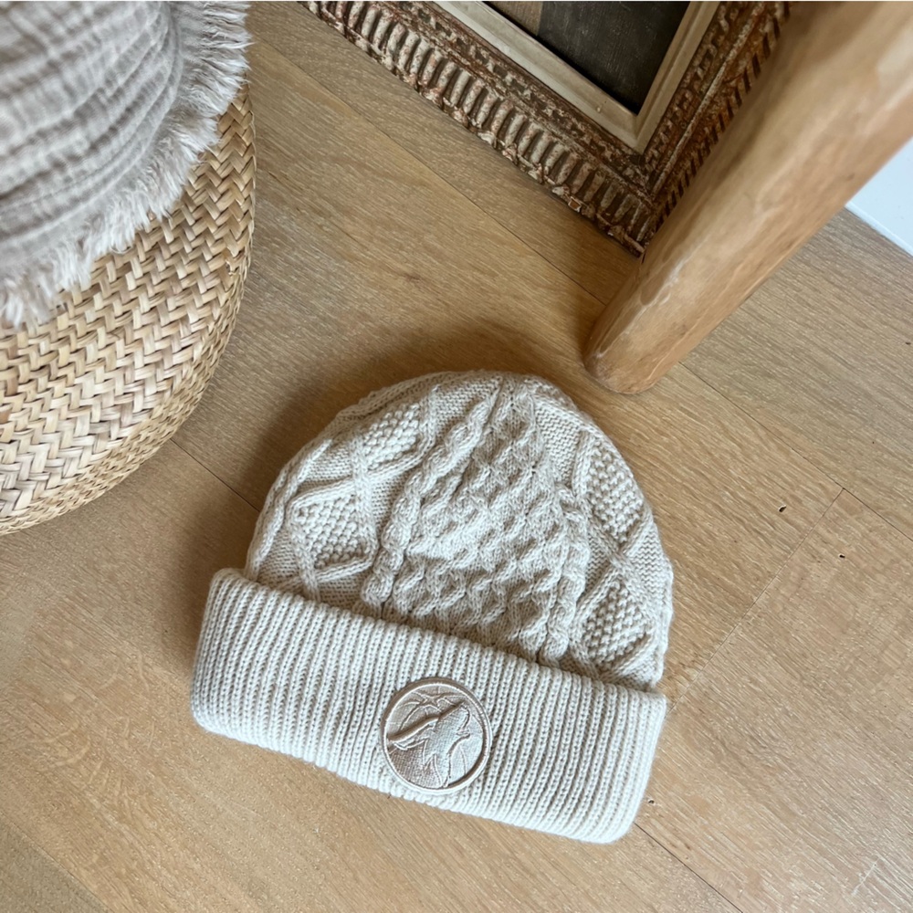 Cream Cable Knit Beanie with Embroidered Timberwolves Logo Patch